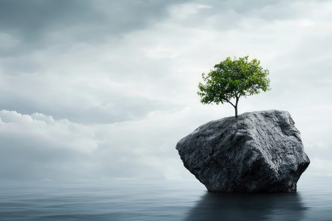 ai generated, tree, rock, water, calm, moody, sky, nature, resilience, nature resilience, strength, solitude, moody sky, background